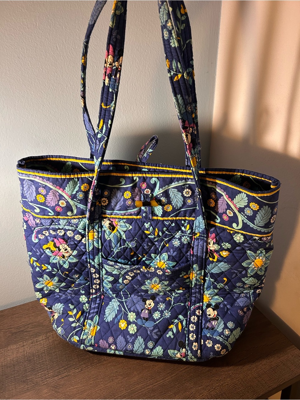 Vera Bradley Navy Quilted Floral Tote with Yellow Trim